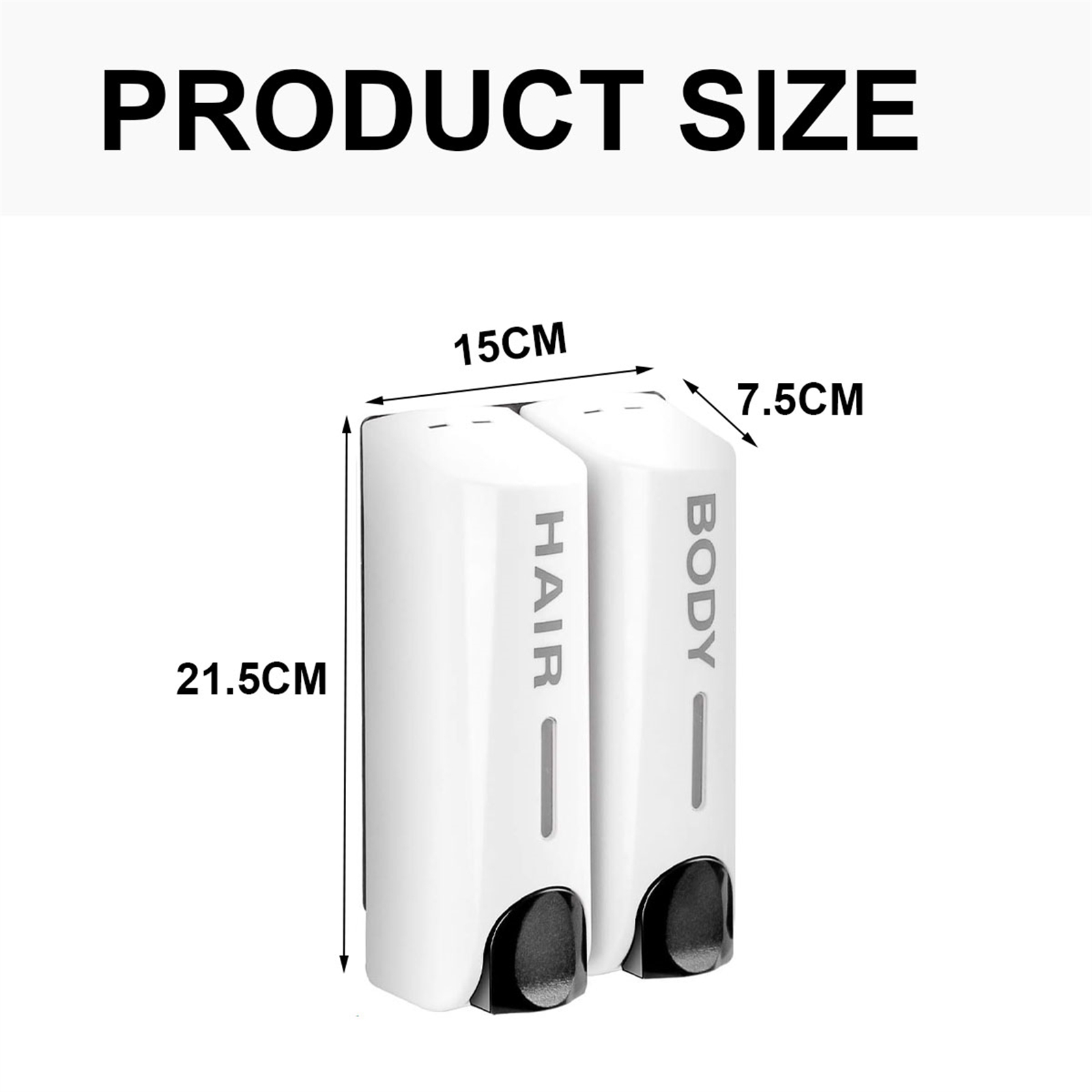 Weißer Doppelspender mit der Aufschrift 'HAIR' und 'BODY', Maße und 'PRODUCT SIZE' sind schwarz angegeben.