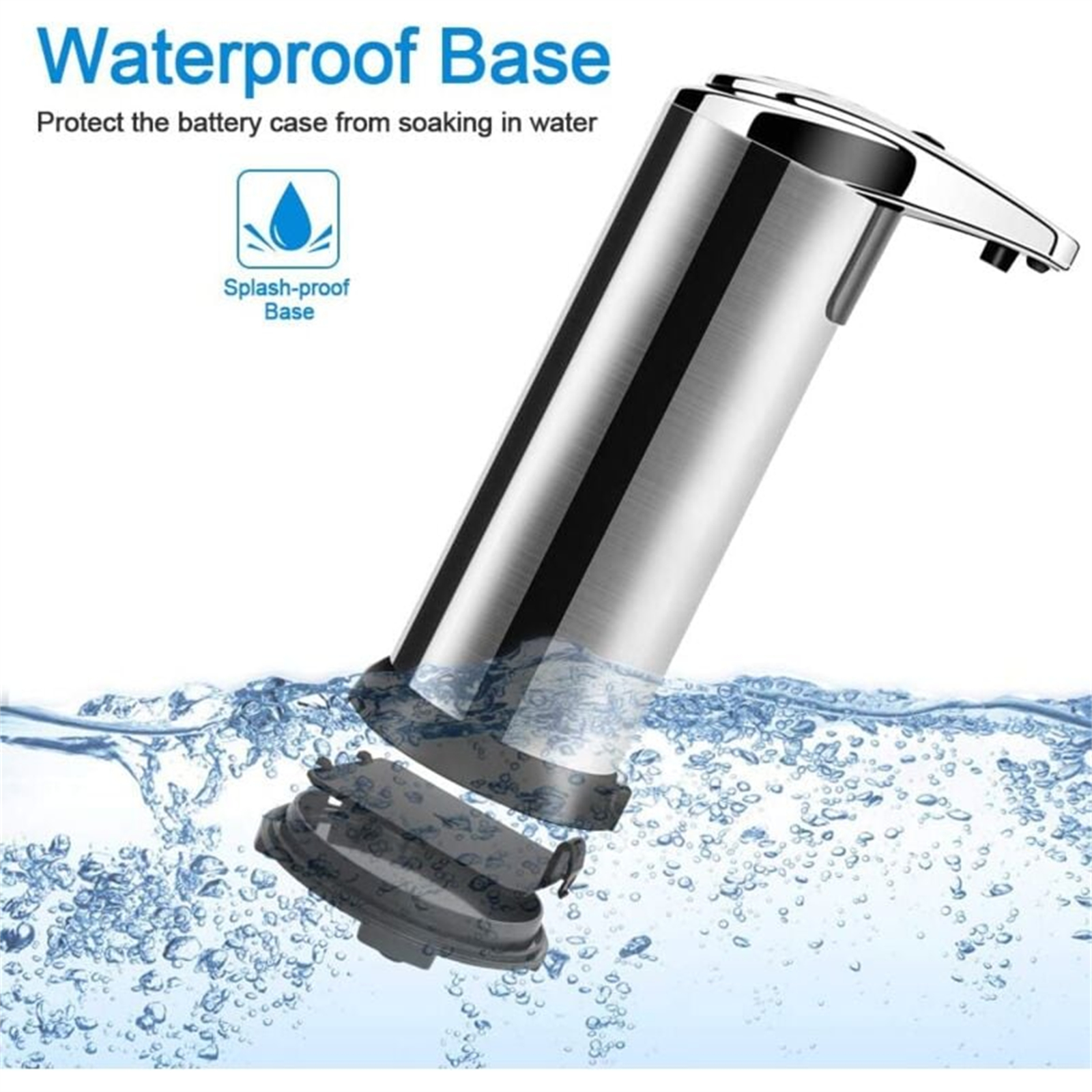 Ein silberner, automatischer Seifenspender wird mit Wassertropfen gezeigt. Die Basis ist spritzwassergeschützt.