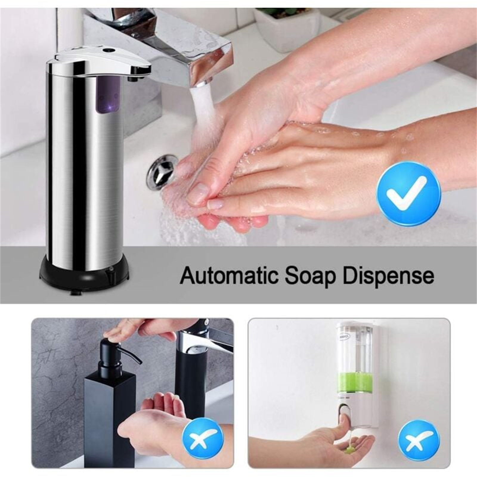 Ein automatischer Seifenspender mit Händen unter fließendem Wasser. Andere Bilder zeigen Seifenspender und Hände.