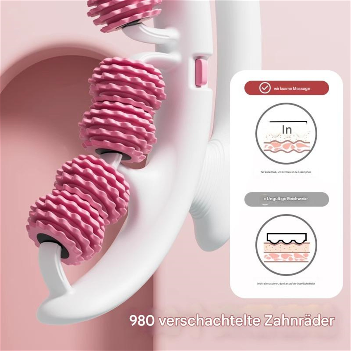 Ein weißes und rosa Massagegerät mit strukturierten Rollen. Text auf einem Diagramm zeigt die Tiefe der Massage. Der Hintergrund ist rosa.