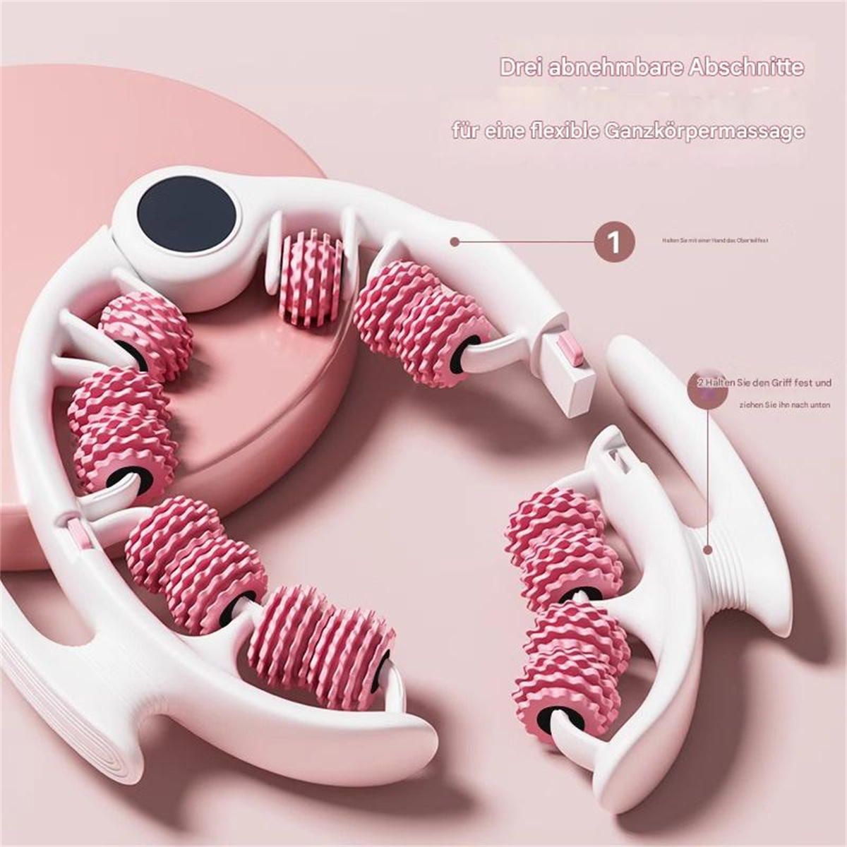 Ein weißes Massagegerät mit rosa Rollen. Der Text auf Deutsch weist auf abnehmbare Teile für eine Ganzkörpermassage hin. Zwei Schritte sind nummeriert.