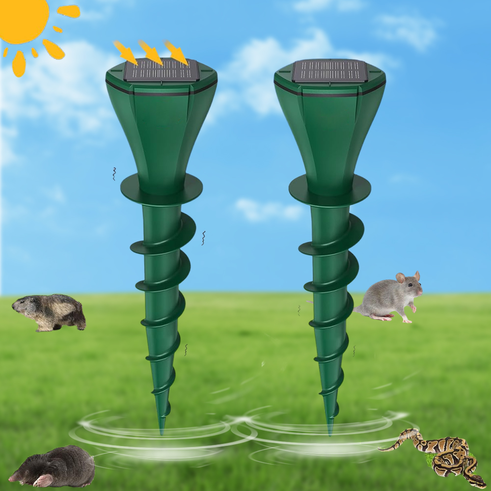 Zwei grüne, solarbetriebene Schädlingsbekämpfer auf Gras. Eine Sonne, eine Maus, eine Schlange, ein Maulwurf und ein Murmeltier sind ebenfalls sichtbar.