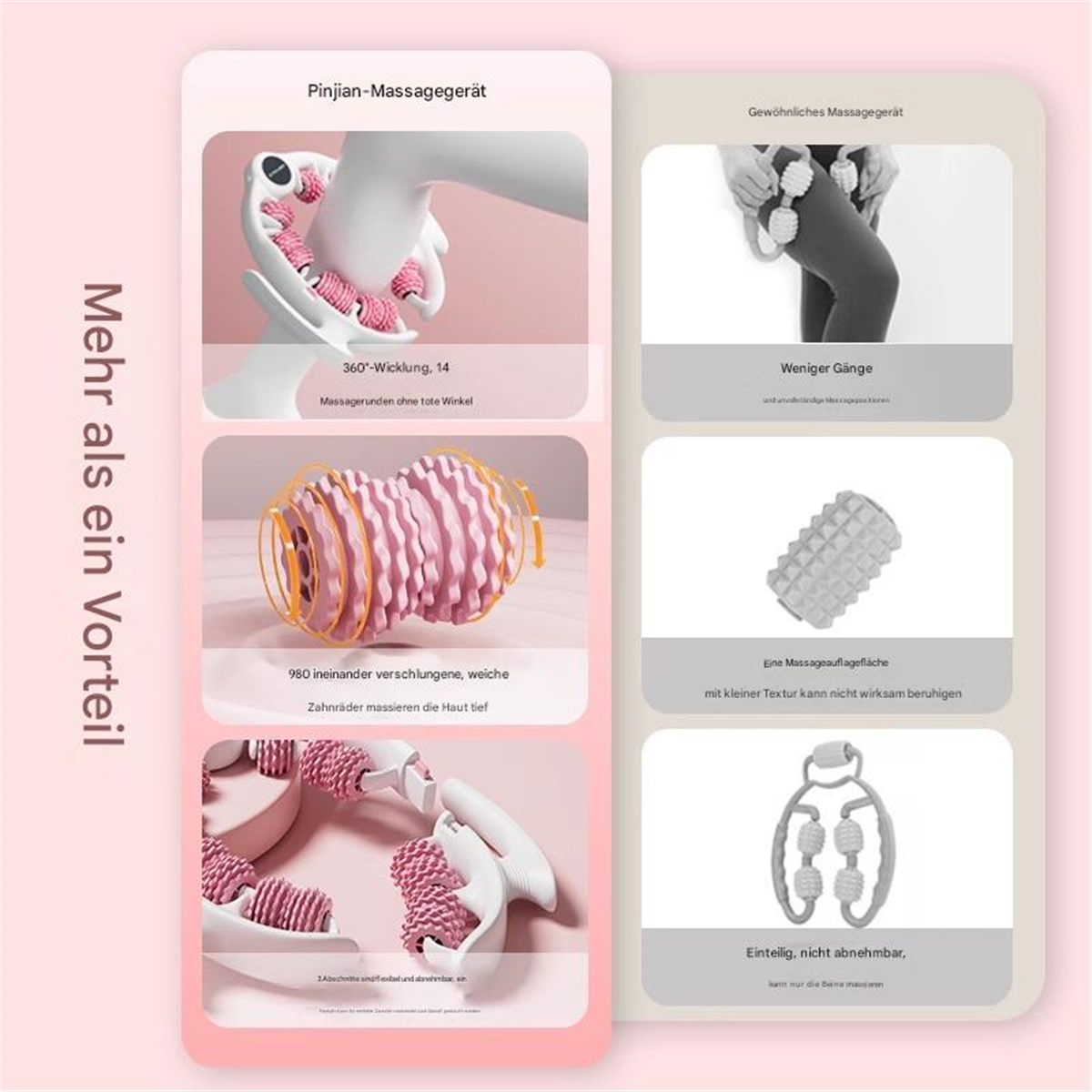 Ein Produktvergleich zeigt ein Massagegerät und seine Funktionen. Diagramme heben das Design und die Vorteile hervor. Text auf Deutsch.