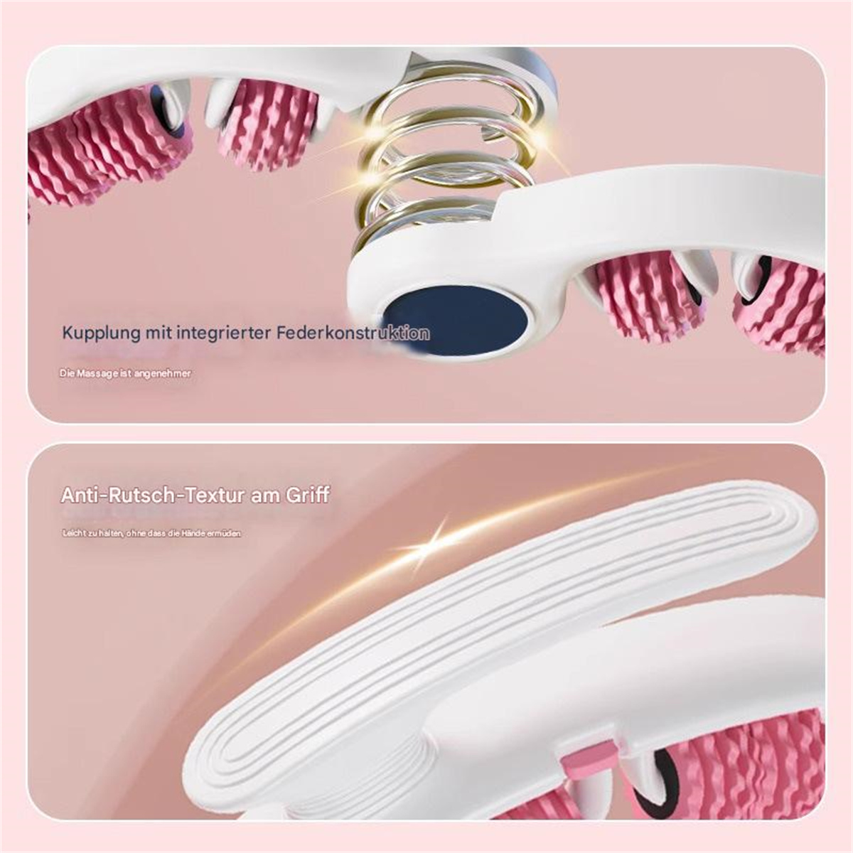 Ein weißes Massagegerät mit rosa Rollen und Federmechanismus. Der Griff hat eine Anti-Rutsch-Textur. Text auf Deutsch ist ebenfalls vorhanden.