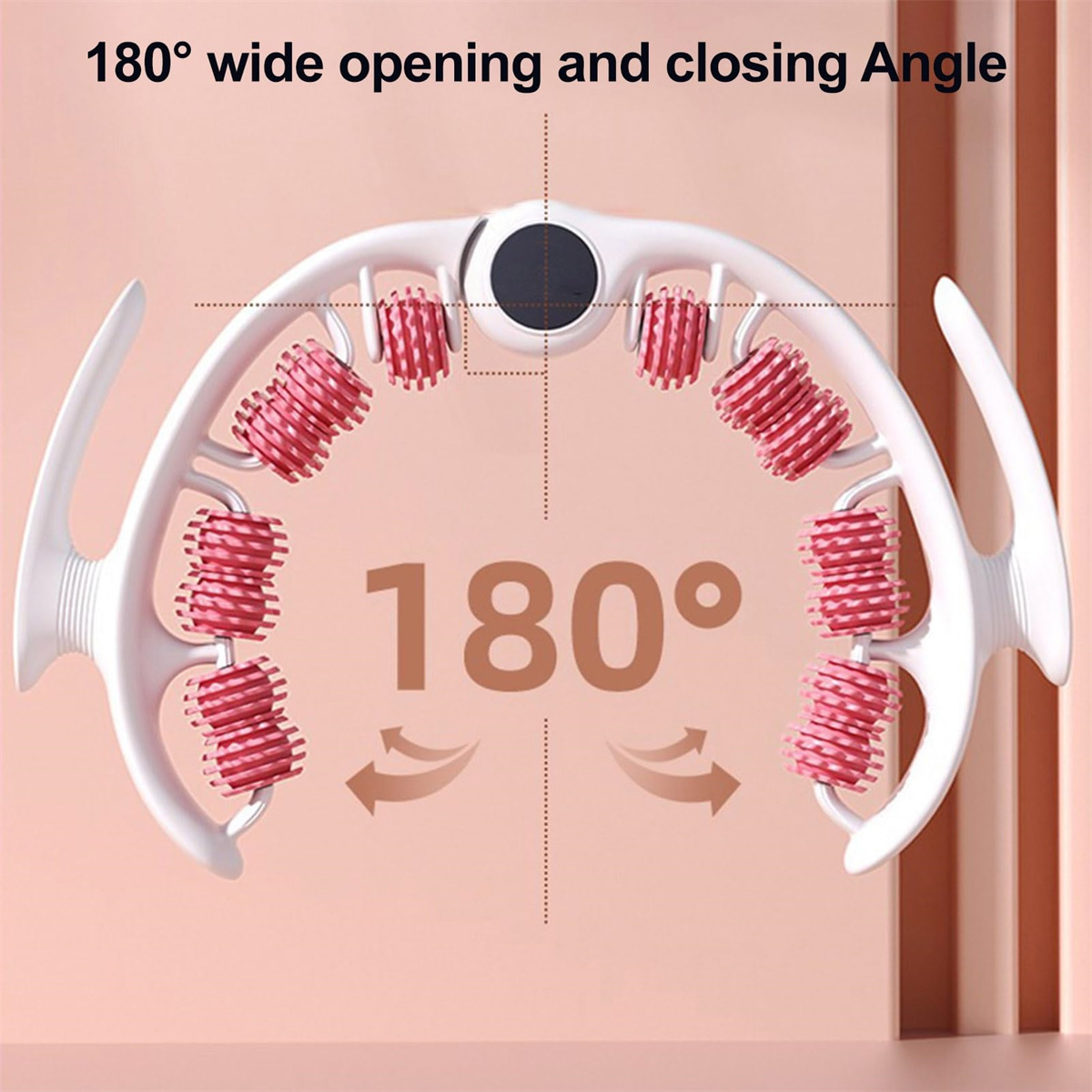 Ein weißes Massagegerät mit rosa Rollen. Der Text auf dem Bild lautet: 180° großer Öffnungs- und Schließwinkel und 180°.