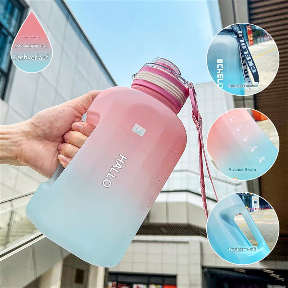 Eine Hand hält eine große Wasserflasche mit rosa und blauem Farbverlauf. Sie hat einen Griff und einen Riemen. Text sagt 'HALLO'.