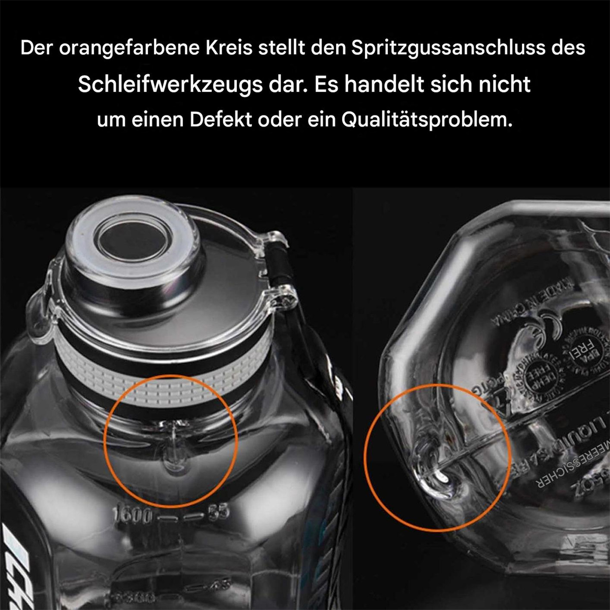 Zwei Abschnitte einer durchsichtigen Wasserflasche sind zu sehen, mit orangefarbenen Kreisen um die Kunststoff-Spritzguss-Verbindungsstellen.