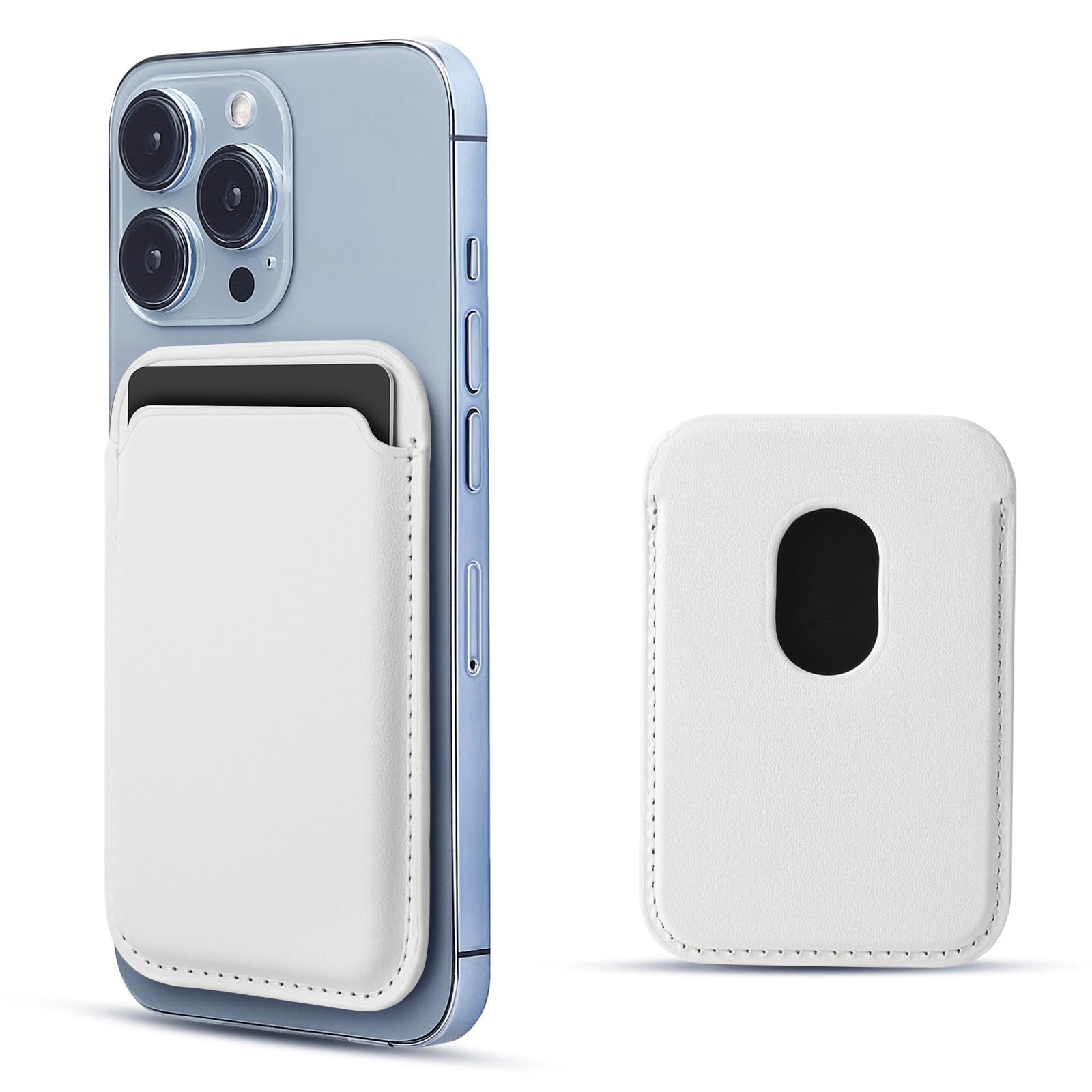 Eine weiße Handyhülle mit Kartenhalter an einem hellblauen Telefon befestigt. Eine separate Hülle mit Loch wird ebenfalls gezeigt.