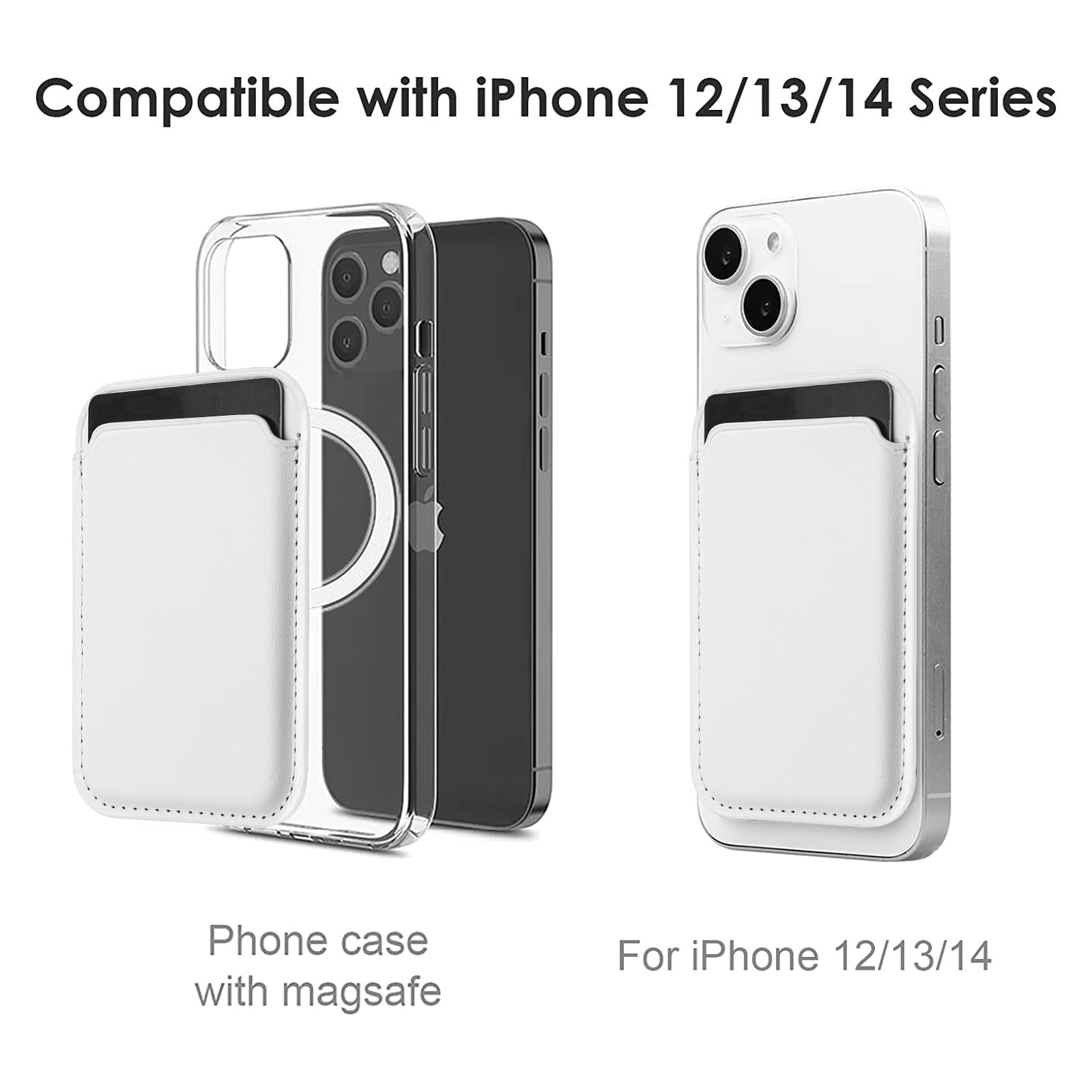 Das Bild zeigt iPhone-Hüllen mit MagSafe. Weiße Handyhüllen mit Kartenhaltern. Die Telefone sind schwarz und weiß. Text lautet 'Kompatibel'.