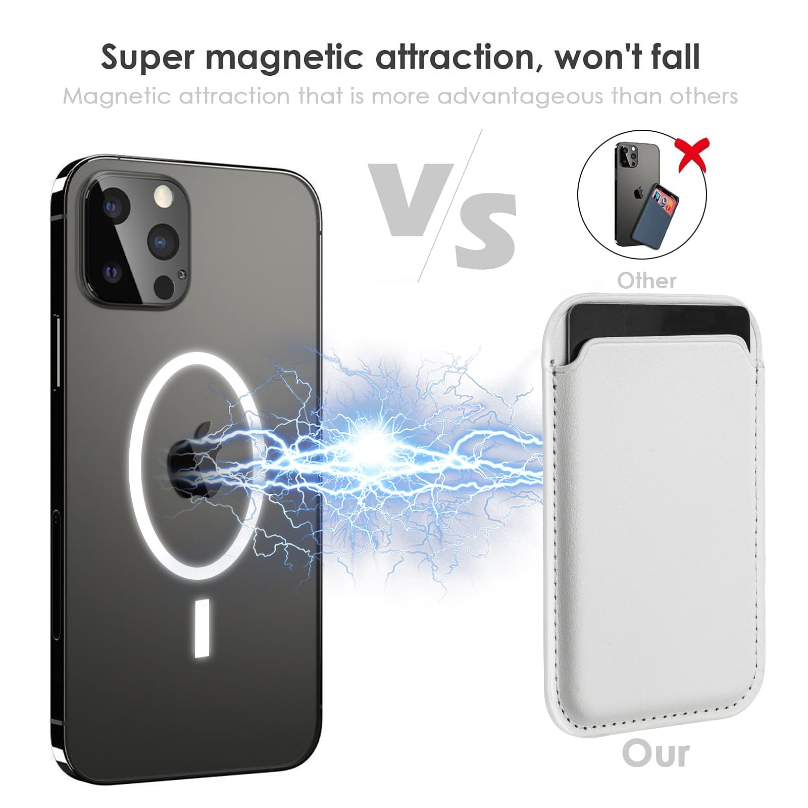 Das Bild zeigt Handyhüllen: eine mit Magnetring, vs. eine Geldbörsenhülle. Der Text lautet 'Super magnetische Anziehungskraft, fällt nicht'.