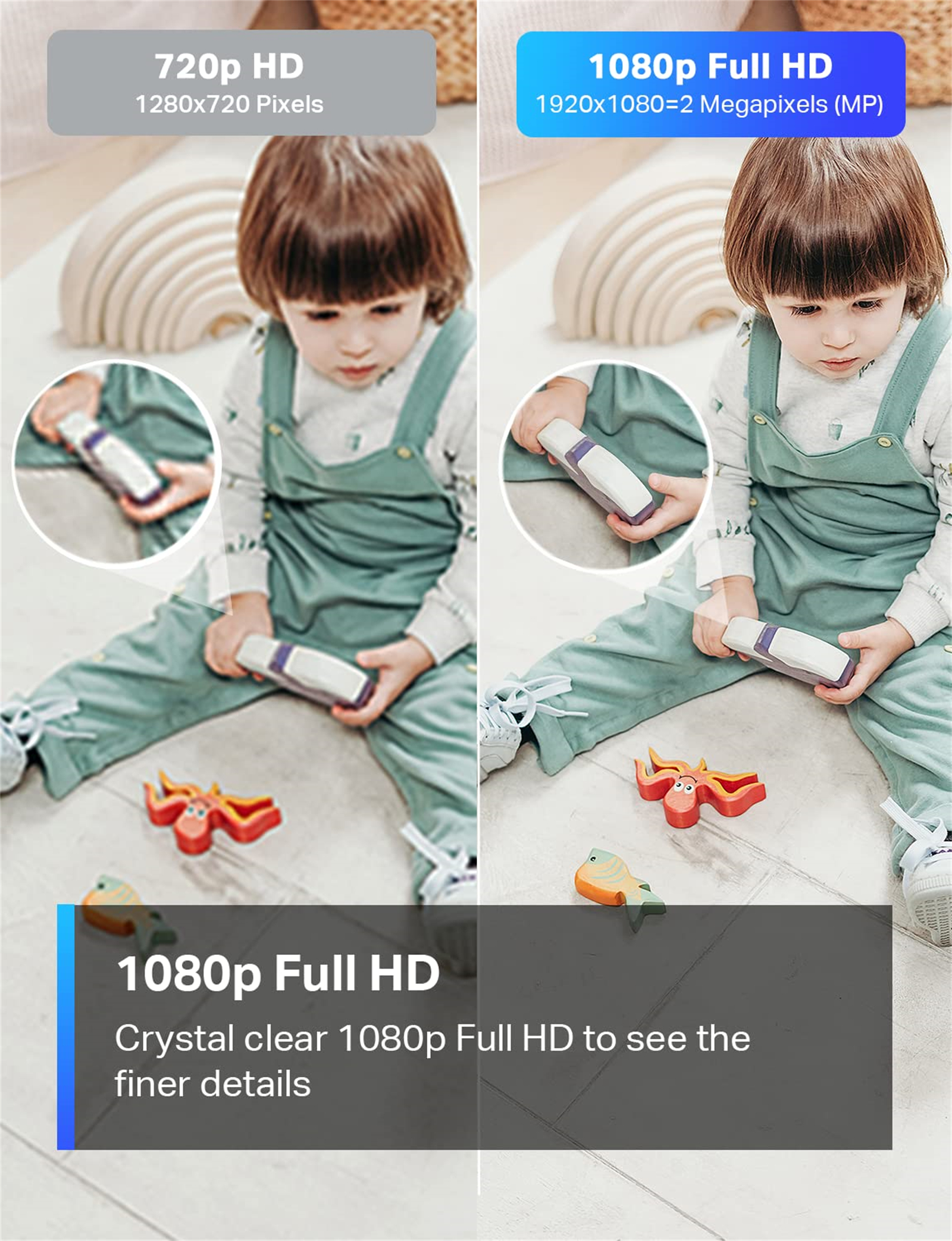 Ein Kind in Latzhosen hält einen Gegenstand. Holzspielzeug davor. Text zeigt 720p HD und 1080p Full HD.