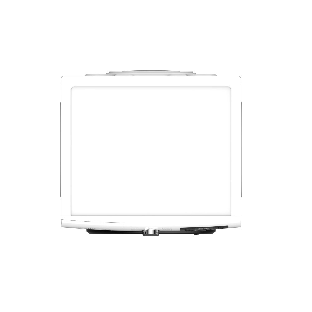 Biała lampa do terapii światłem. Ma duży, jasny ekran i panel sterowania na dole. Tło jest białe.