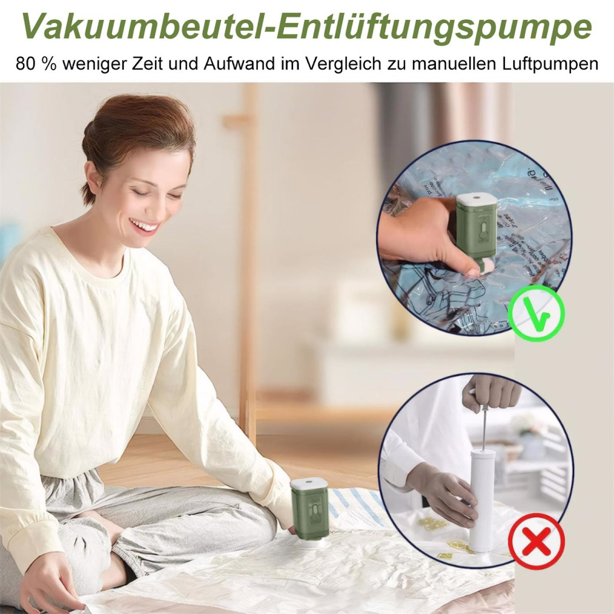 Eine Frau benutzt eine grüne Vakuumpumpe an einem Beutel. Insets zeigen die Pumpe im Einsatz und eine ältere manuelle Pumpe mit einem roten 'X'.