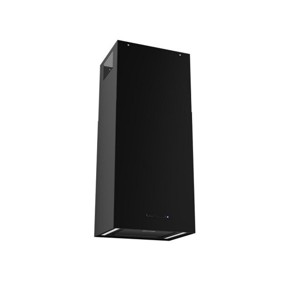 Czarny, prostokątny okap kuchenny. Jest montowany pionowo i ma elegancki, nowoczesny design ze światłem na dole.