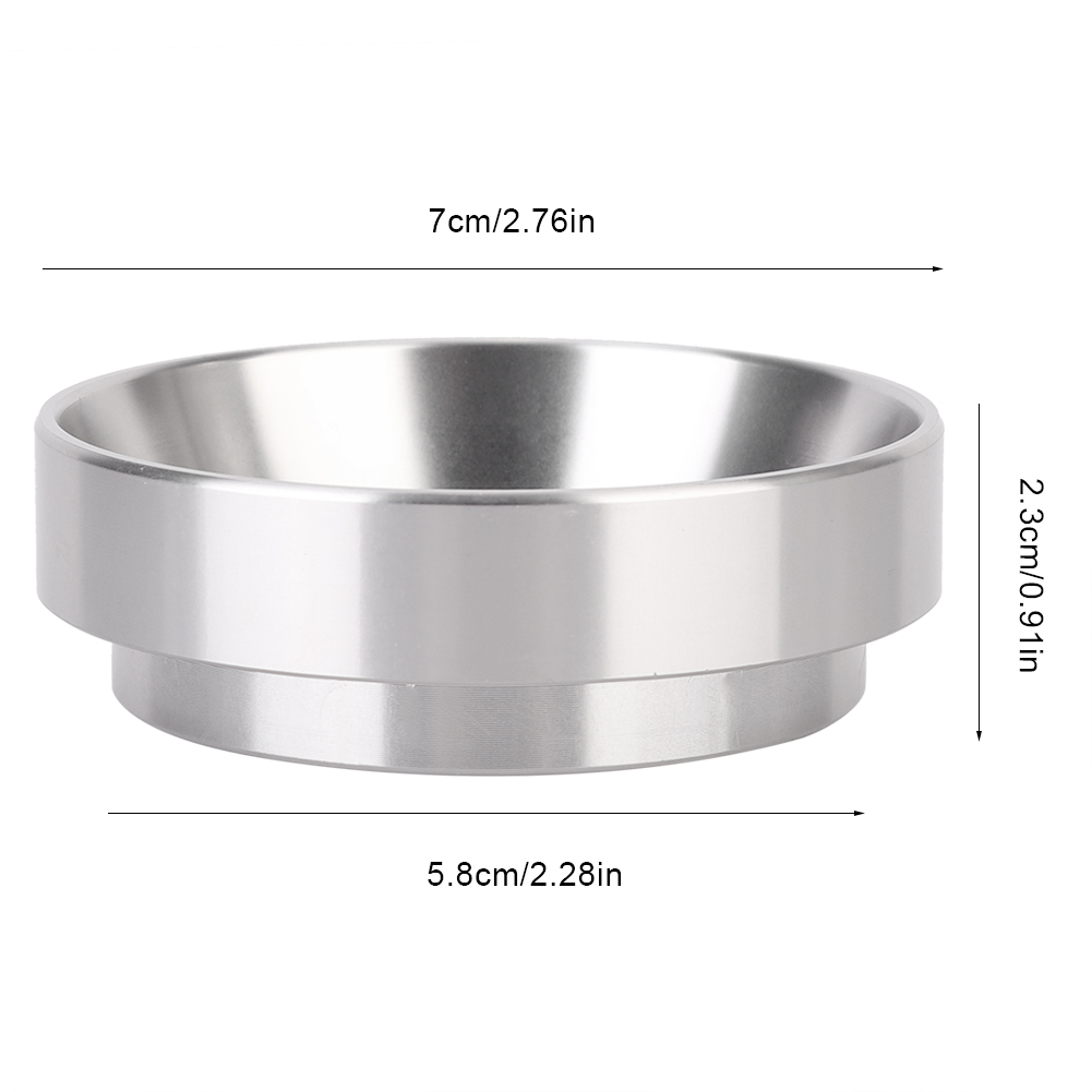 Ein metallener Kaffeefilterkorb. Er ist silberfarben, zylindrisch mit breiter Basis und mit Maßen beschriftet: 7cm/2,76in, 5,8cm/2,28in und 2,3cm/0,91in.