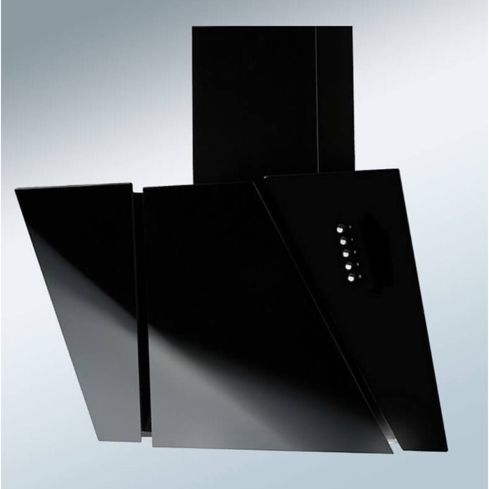 Nowoczesny czarny okap kuchenny z prostokątnym kominem. Posiada kątowe panele przednie i panel sterowania ze światłami.