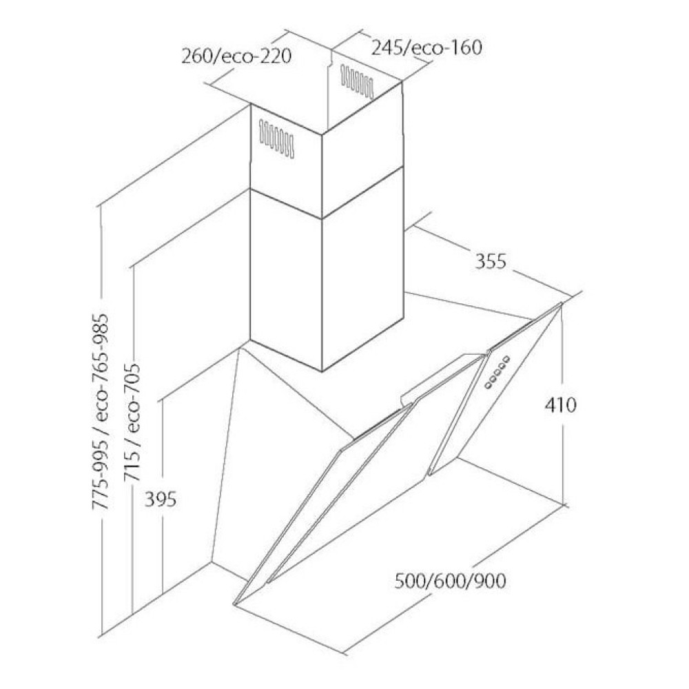 Ilustracja przedstawia okap kuchenny z wymiarami w mm. Ma komin, pochylony panel i etykiety numeryczne.