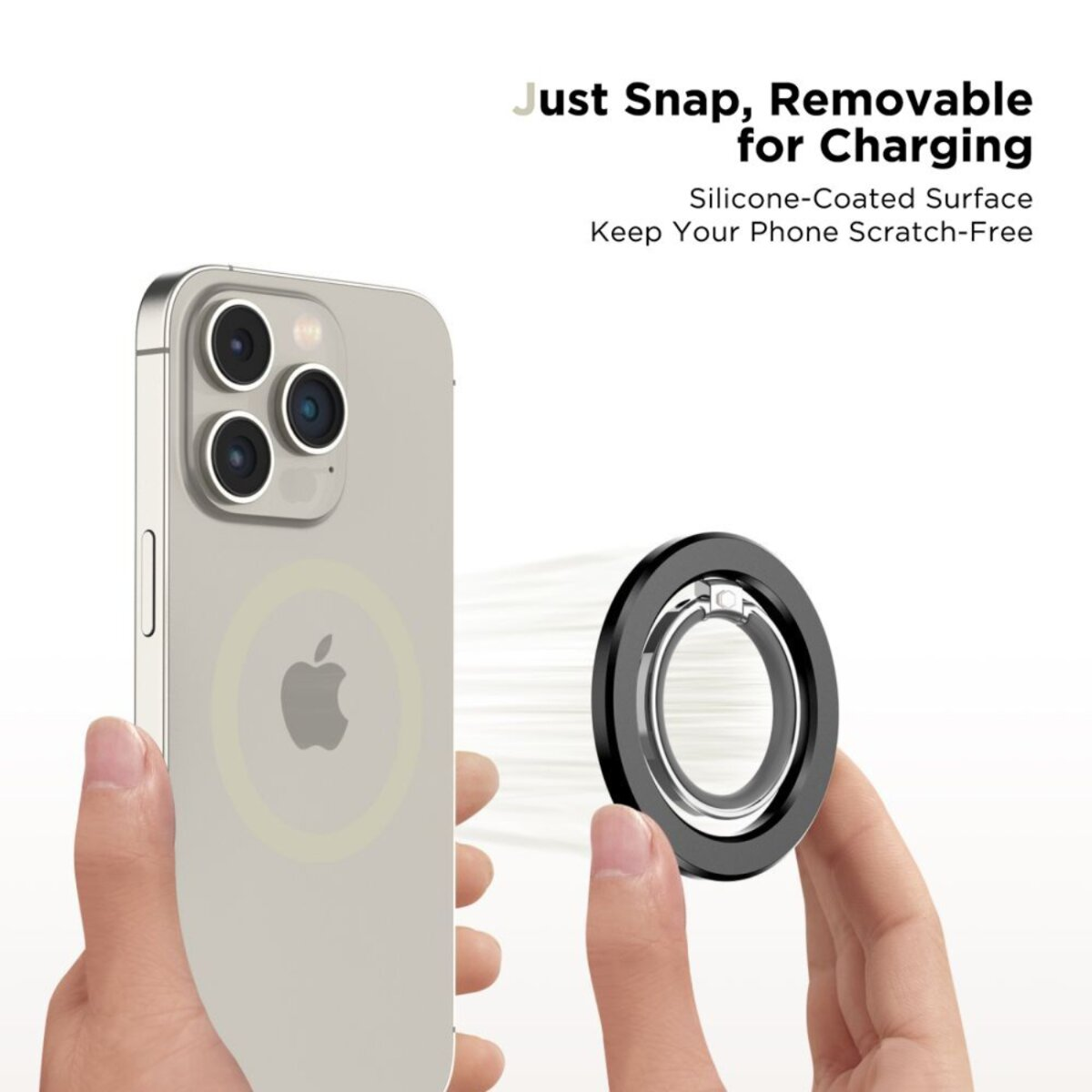 Een hand houdt een telefoon vast met een ringhouder. De telefoon heeft een Apple-logo. De ringhouder is zwart en metaal.