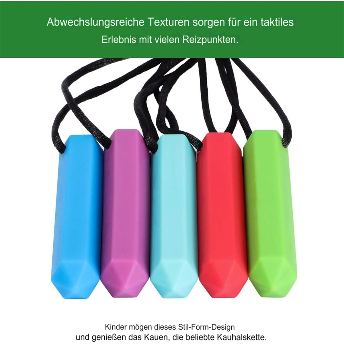 Fünf bunte, sechseckige, kaubare Halsketten hängen an schwarzen Kordeln. Text oben und unten beschreibt das Produkt und seine Verwendung.