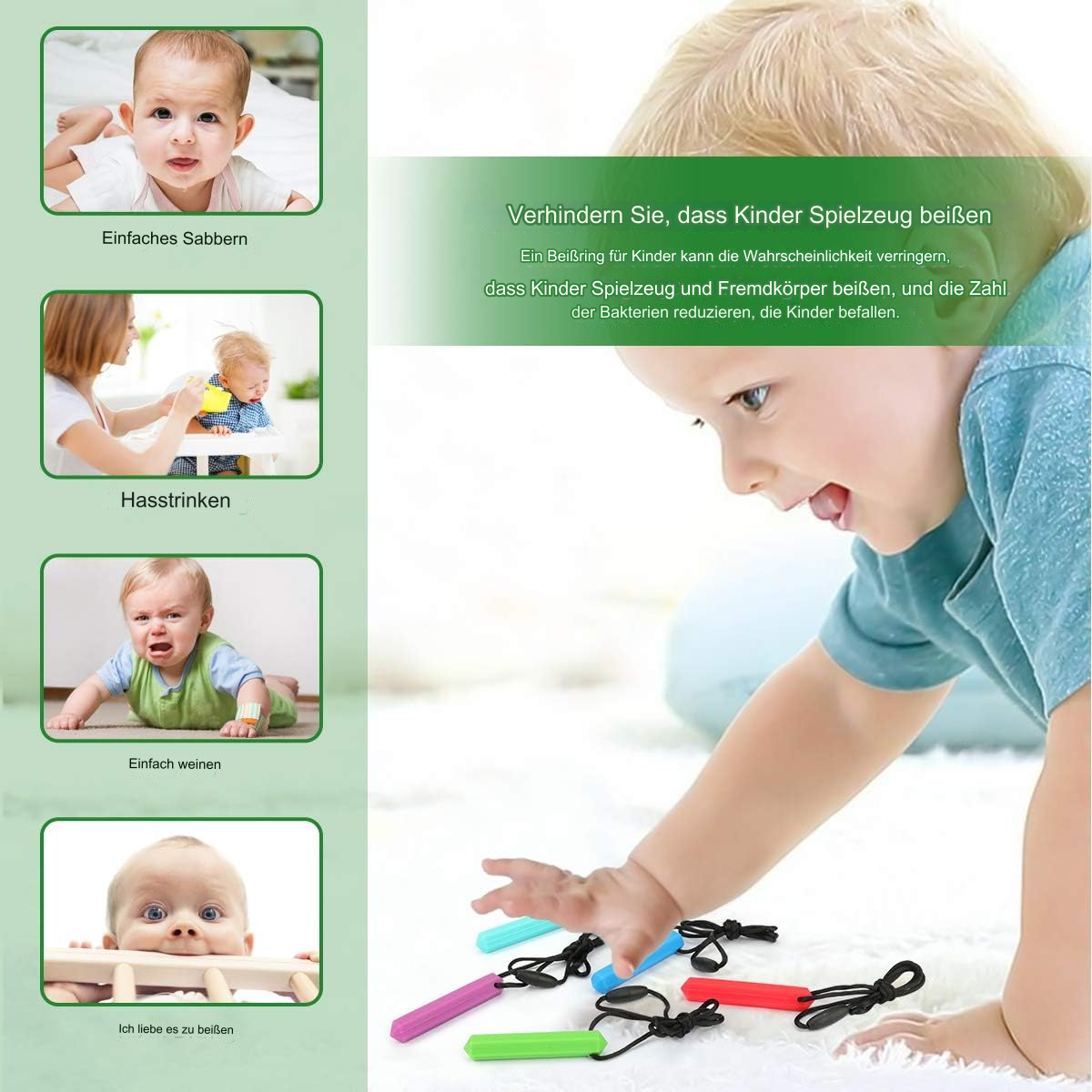 Ein Kind greift nach bunten Beißspielzeugen. Das Bild enthält Fotos von Babys und Text auf Deutsch.