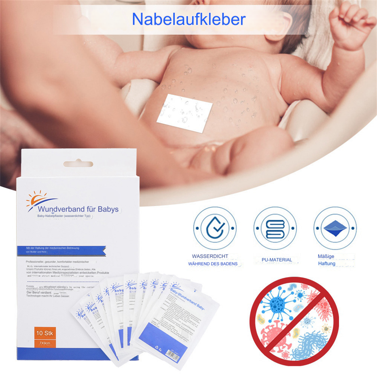 Ein Baby mit einem Pflaster auf dem Bauch. Eine Schachtel mit Baby-Wundverbänden ist im Vordergrund. Symbole und Text sind ebenfalls dargestellt.