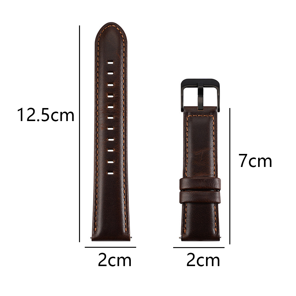Zwei braune Lederarmbänder. Eines ist 12,5 cm lang und 2 cm breit, das andere ist 7 cm lang und 2 cm breit. Beide haben Abmessungen.