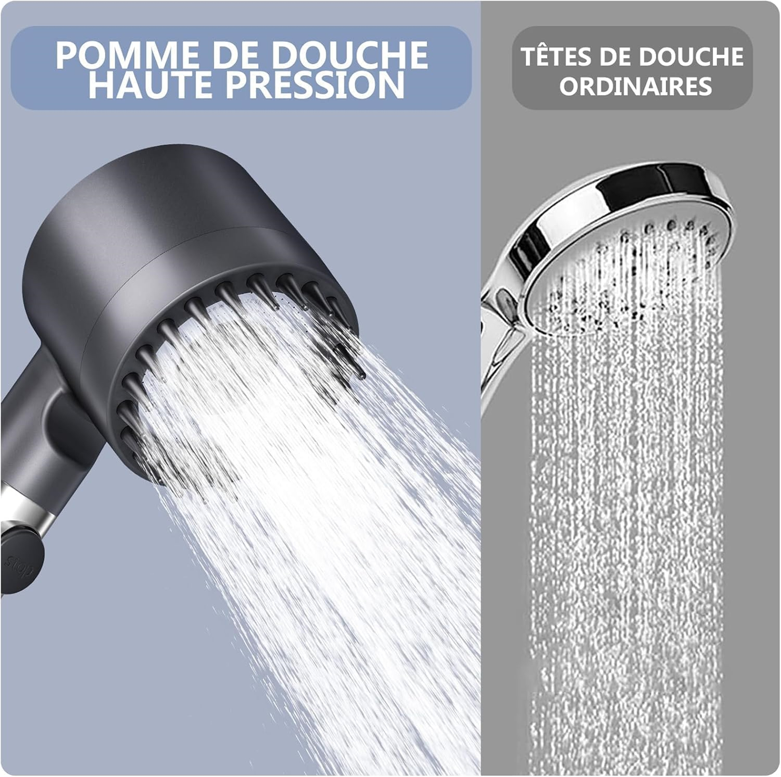 Das Bild zeigt zwei Duschköpfe mit Wasserstrahlen. Einer ist dunkelgrau, der andere chromfarben.