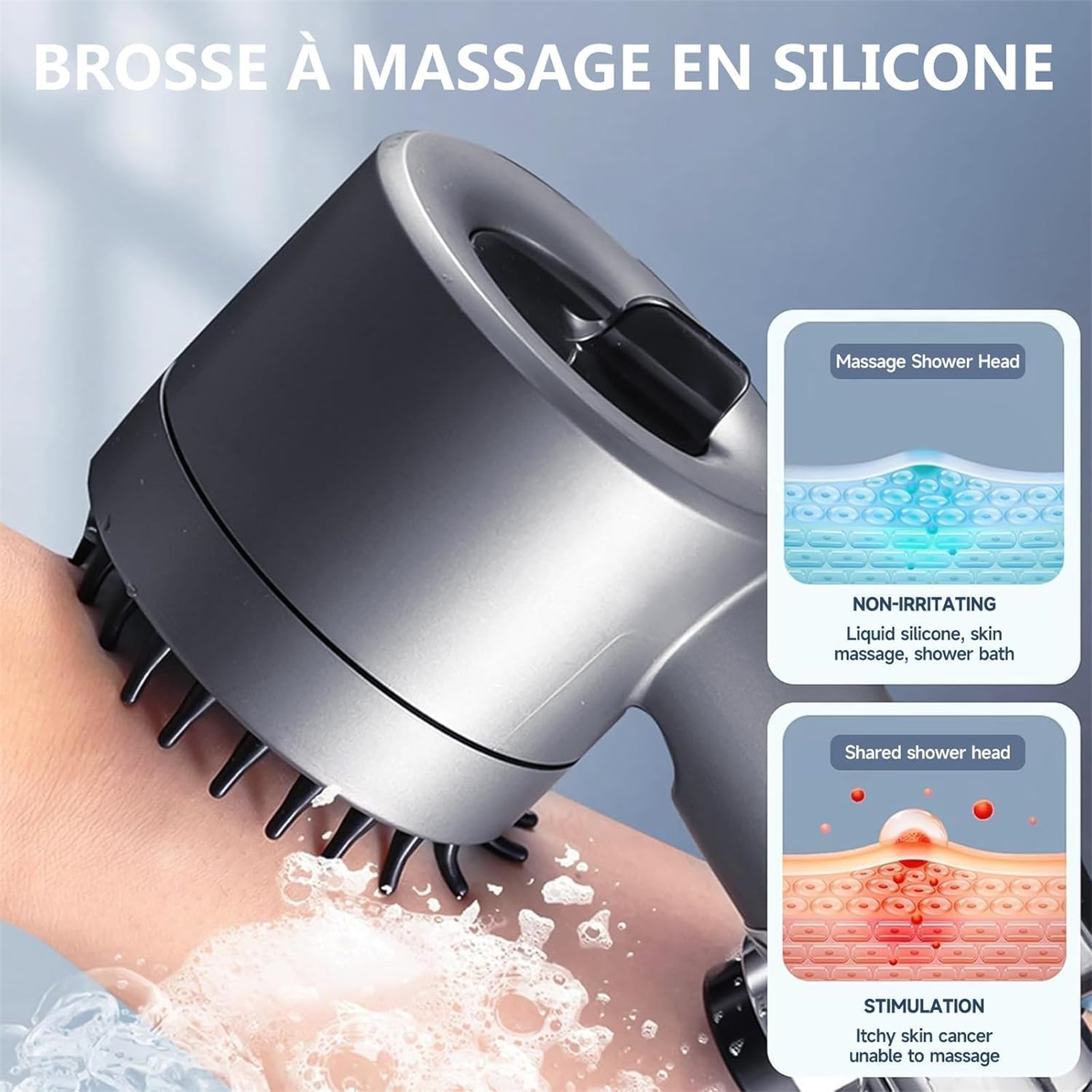 Eine graue Silikon-Massagebürste wird an einem Arm verwendet. Sie hat schwarze Borsten. Informative Diagramme sind vorhanden.