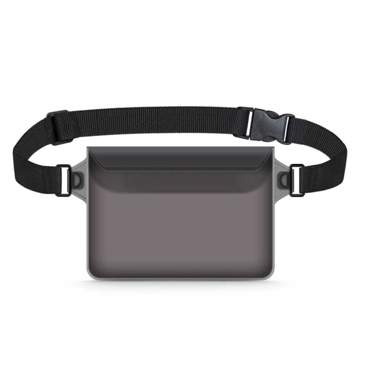 Eine graue Bauchtasche mit schwarzem Riemen und Schnalle. Der Riemen verläuft um die Tasche. Isoliert auf weißem Hintergrund.