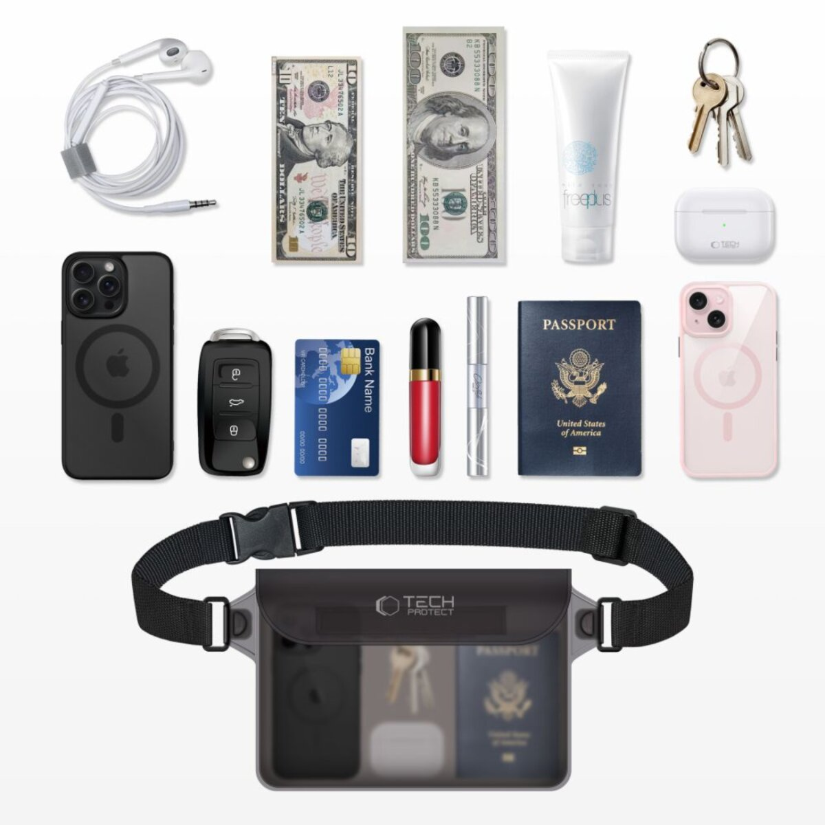 Flach liegende Anordnung von Essentials: Telefon, Geld, Reisepass, Schlüssel, Lippenstift, Kreditkarte und eine Tech Protect-Hüfttasche.