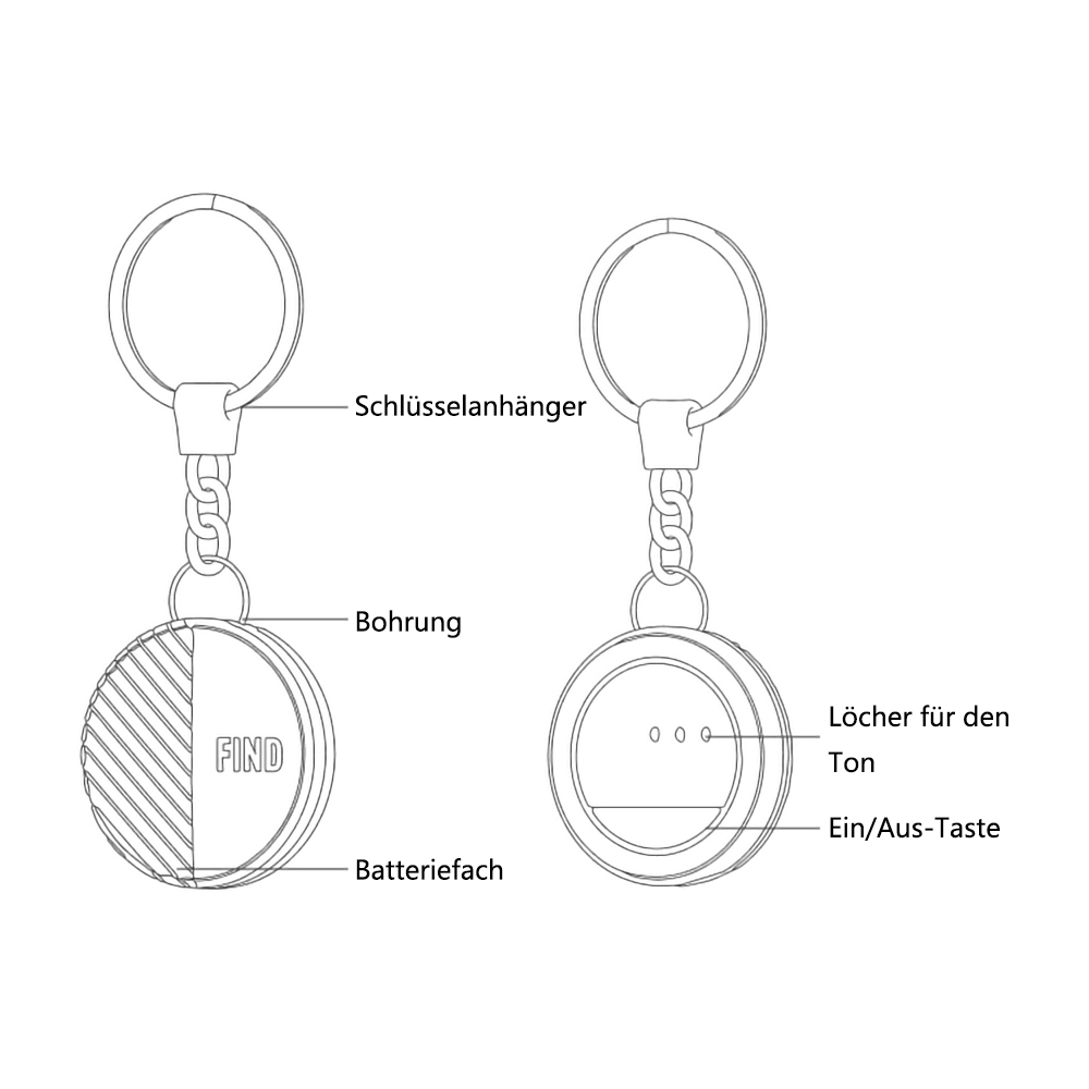 Diagramm eines Schlüsselanhängers mit Vorder- und Rückansicht. Vorderseite hat FIND-Text, Rückseite Löcher und einen Ein/Aus-Knopf.