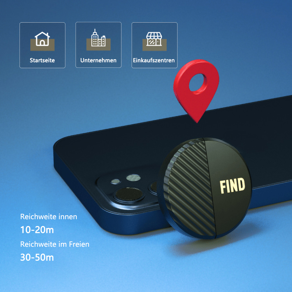 Ein Telefon mit einem Ortungsgerät. Ein rotes Standortsymbol befindet sich über dem Tracker, der schwarz ist und 'FIND' trägt.