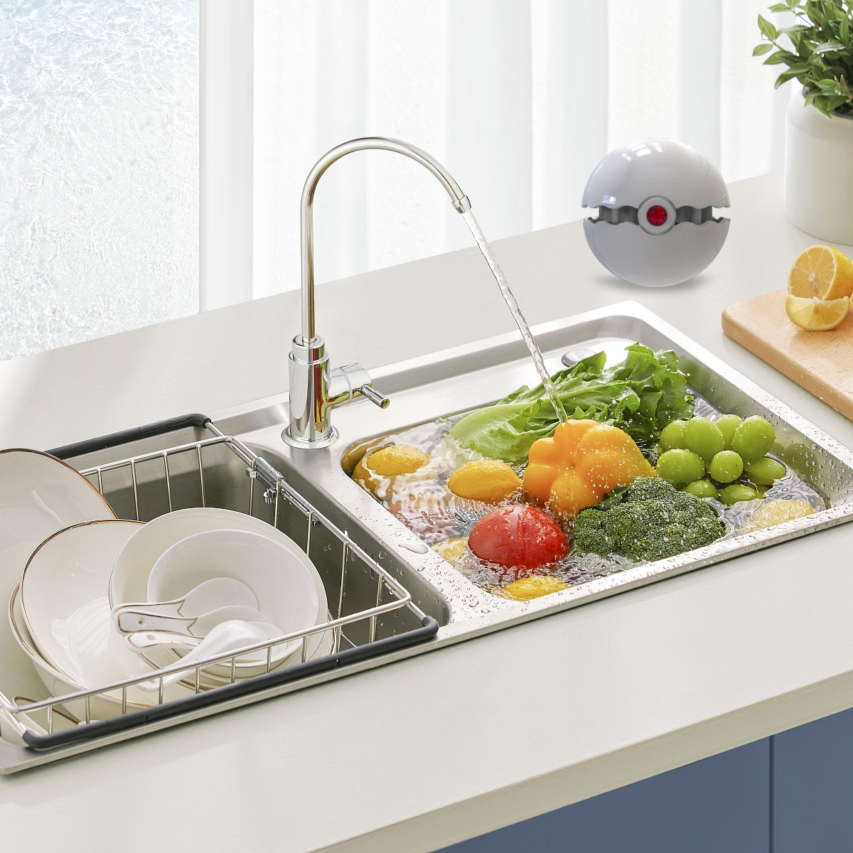Waschbecken mit Gemüse, darunter Salat, Tomaten, Paprika und Brokkoli. Geschirr steht in einem Gestell. Ein Wasserreiniger daneben.
