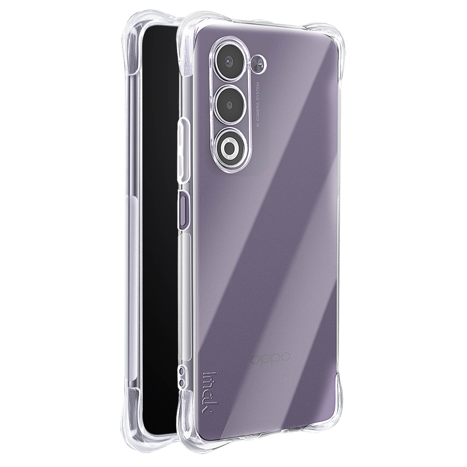 Un telefono in una custodia trasparente. La custodia ha un retro viola. Il telefono ha tre fotocamere. Il marchio è Oppo.