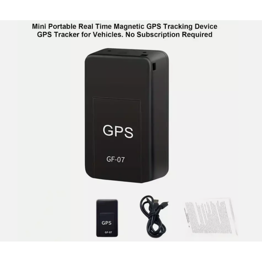 Schwarzer GPS-Tracker mit den Aufschriften 'GPS' und 'GF-07'. Enthält eine kleinere Version, ein Kabel und Papier. Text: GPS-Tracker für Fahrzeuge.