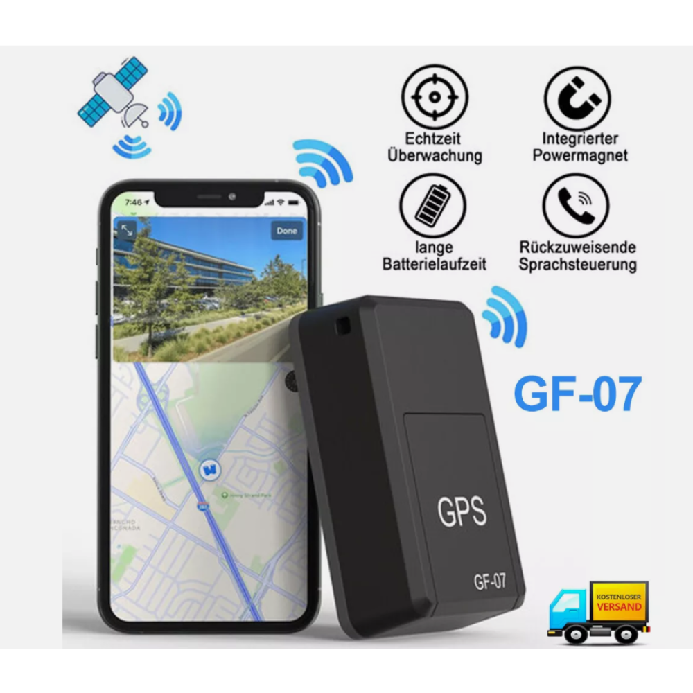 Ein GPS-Tracker-Gerät mit einem Smartphone, das eine Karte zeigt. Symbole zeigen Funktionen an. Ein LKW sagt kostenloser Versand.