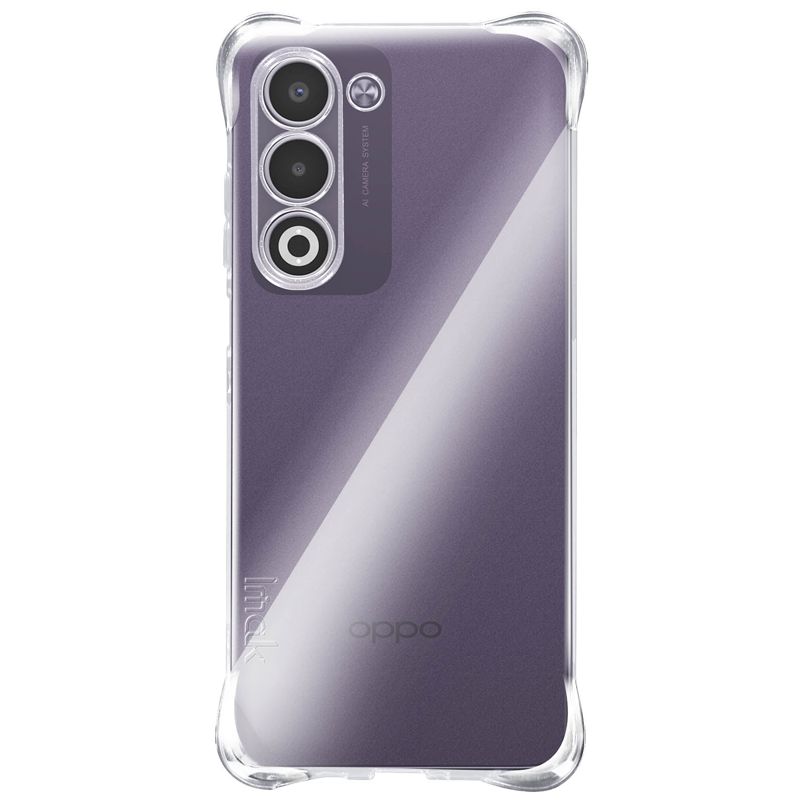 Una custodia trasparente per telefono con sfondo sfumato viola. Ha un sistema fotocamera a tre lenti e il logo Oppo.