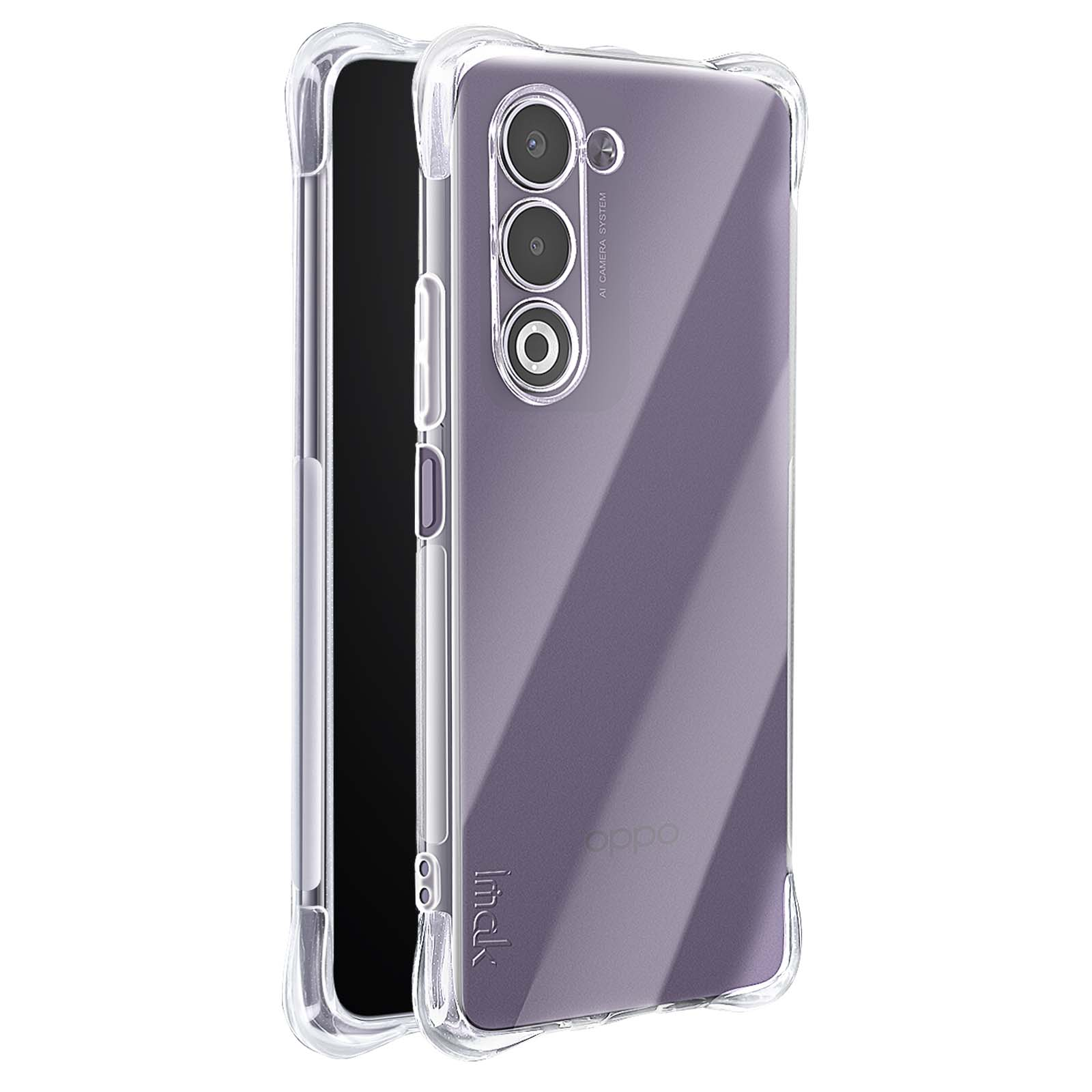 Una custodia trasparente con retro viola, che copre un telefono nero. La custodia ha un ritaglio per la fotocamera e il marchio 'Imak'.