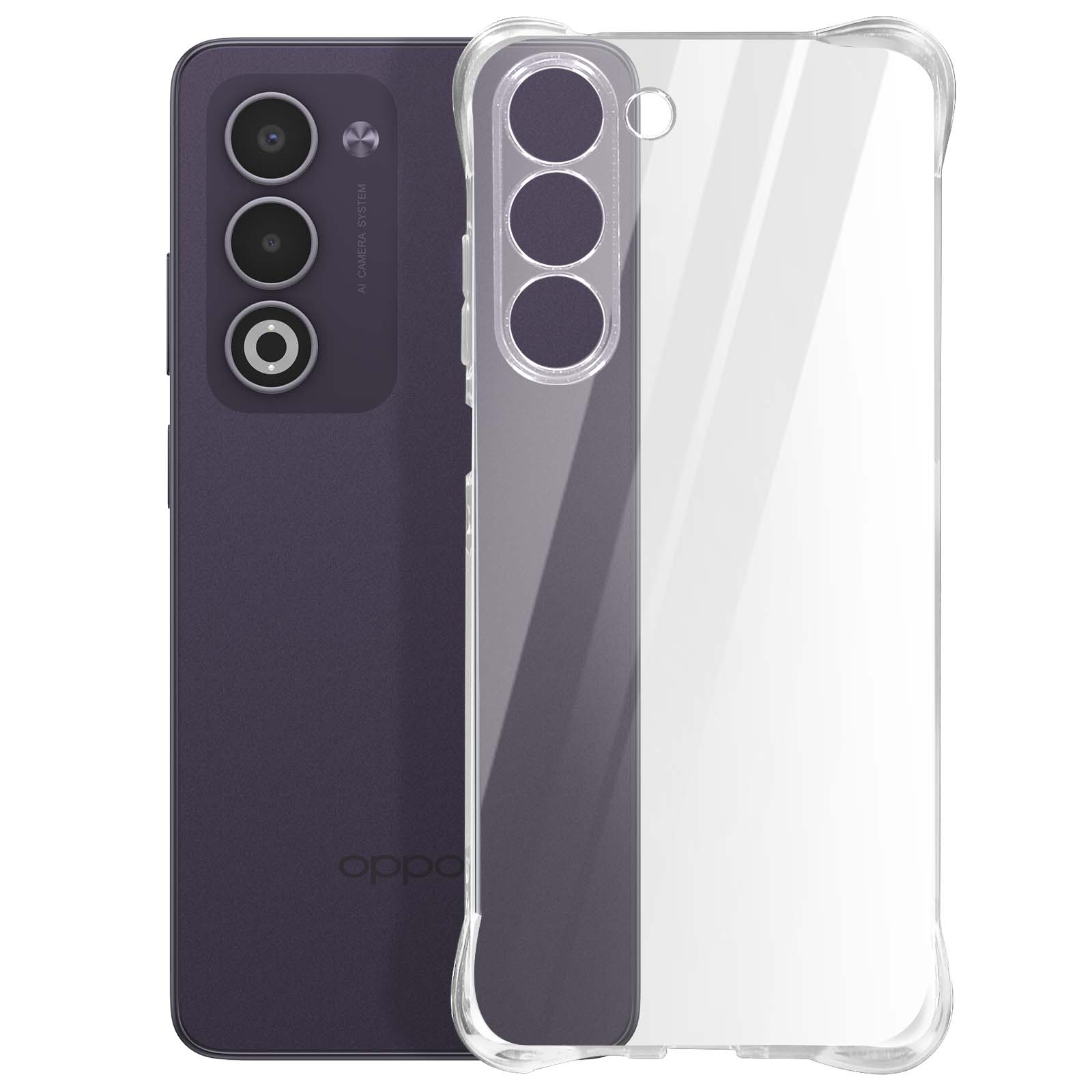 Telefono viola scuro con custodia trasparente. Il telefono ha tre obiettivi e il marchio oppo è visibile.