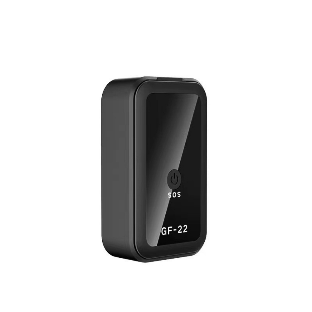 Ein schwarzes GF-22 GPS-Tracker-Gerät. Es hat eine SOS-Taste, eine Ein-/Aus-Taste und den Modellnamen. Es ist auf weißem Hintergrund.
