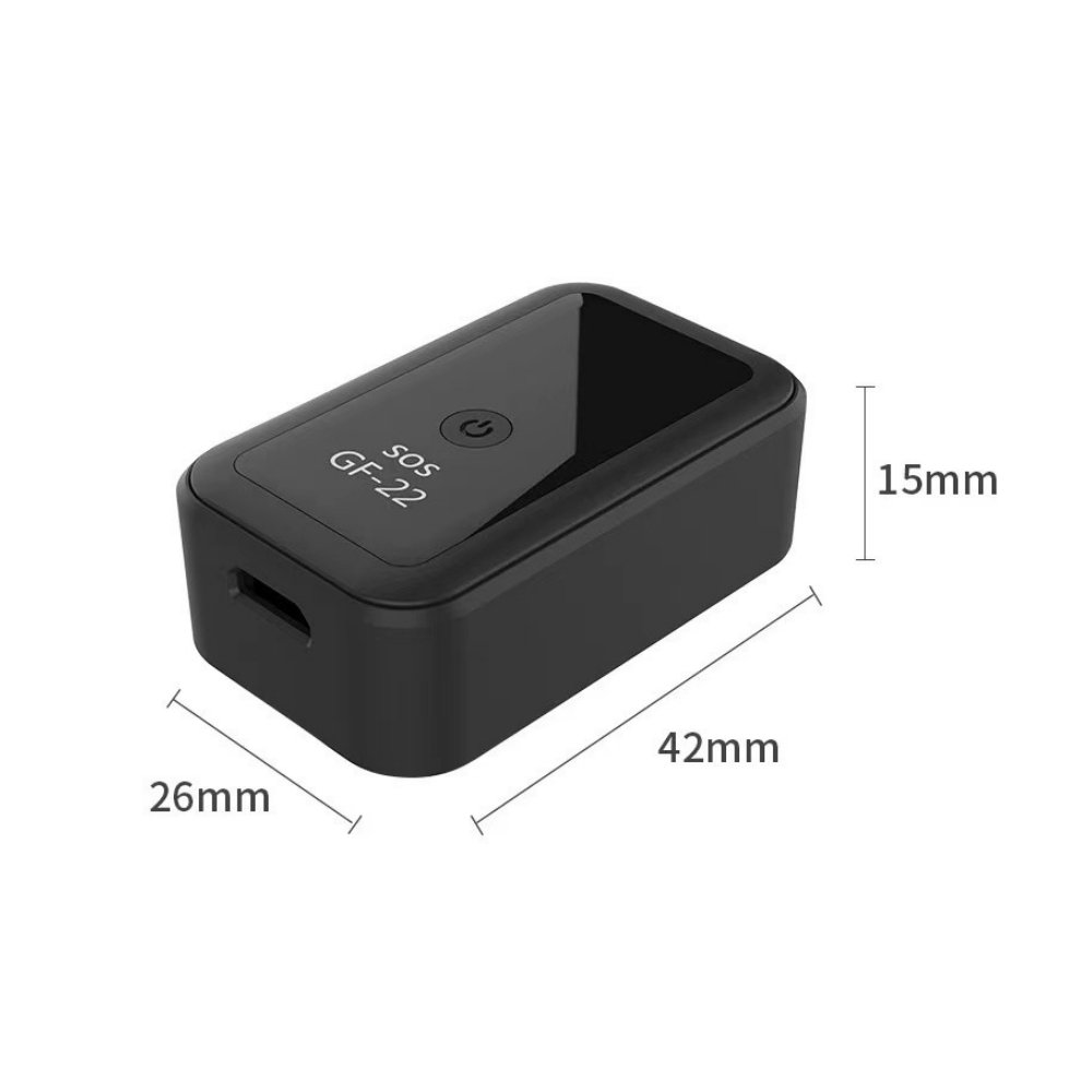 Schwarzes rechteckiges GF-22 SOS-Gerät mit Ein-/Aus-Taste, Abmessungen 26 mm x 42 mm x 15 mm, auf weißem Hintergrund.