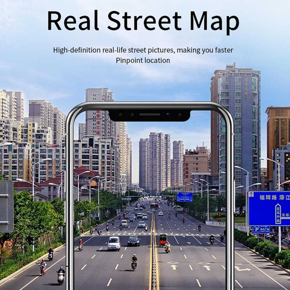 Ein Smartphone zeigt eine Straßenansicht. Autos und Motorräder fahren auf der Straße, im Hintergrund hohe Gebäude unter blauem Himmel.
