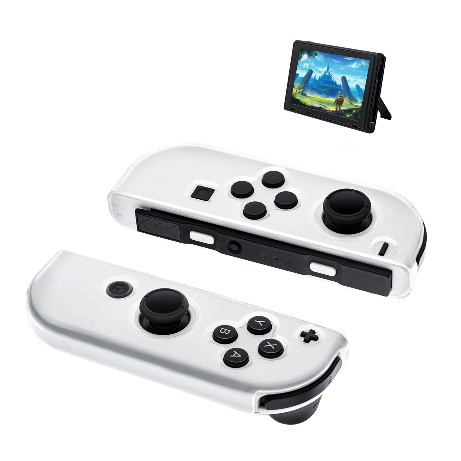 Das Bild zeigt eine Nintendo Switch mit Controllern. Ein Bildschirm zeigt eine Spielszene. Die Controller sind weiß mit schwarzen Knöpfen.
