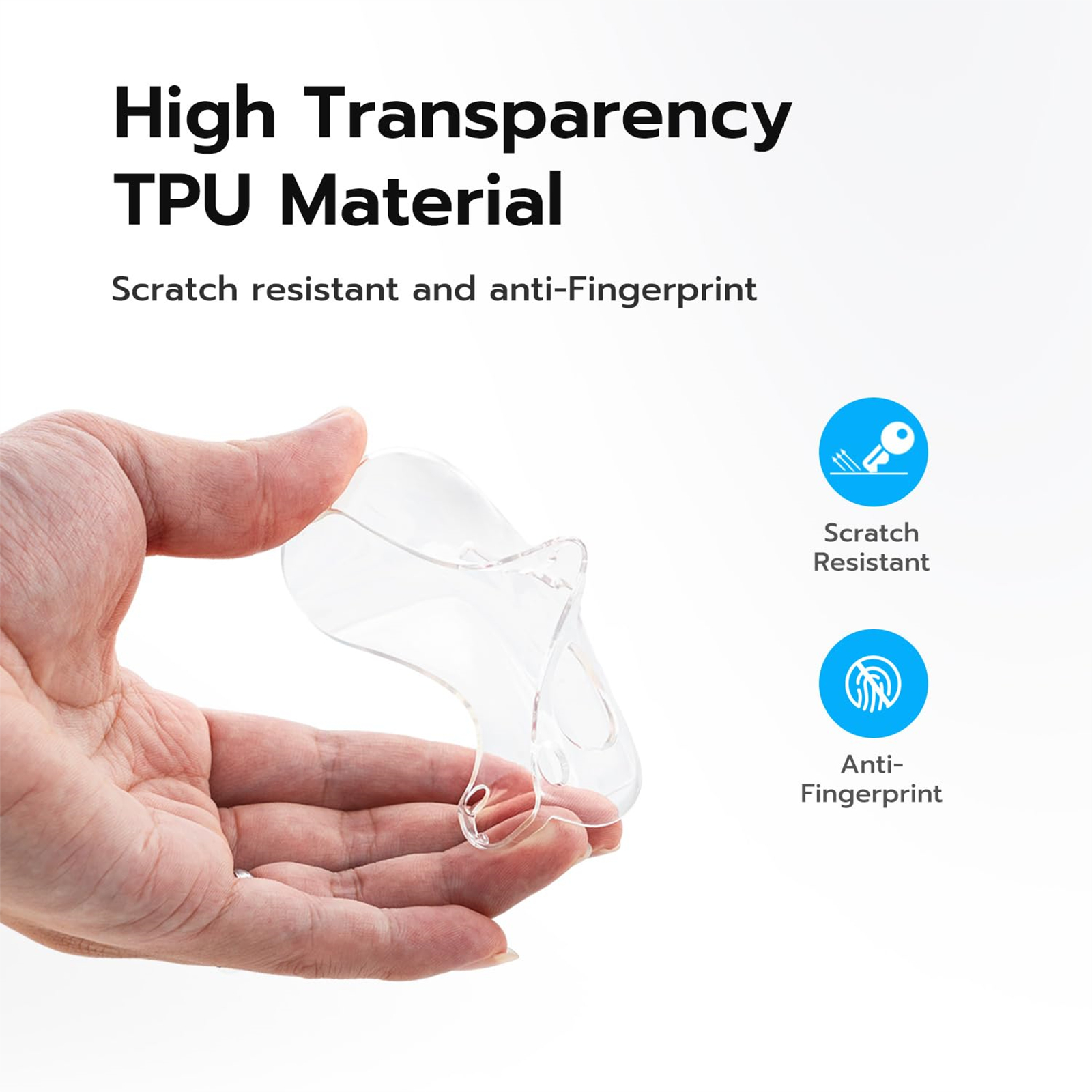 Hand hält eine transparente Handyhülle. Text: 'High Transparency TPU Material'. Icons zeigen Kratz- und Fingerabdruckschutz.