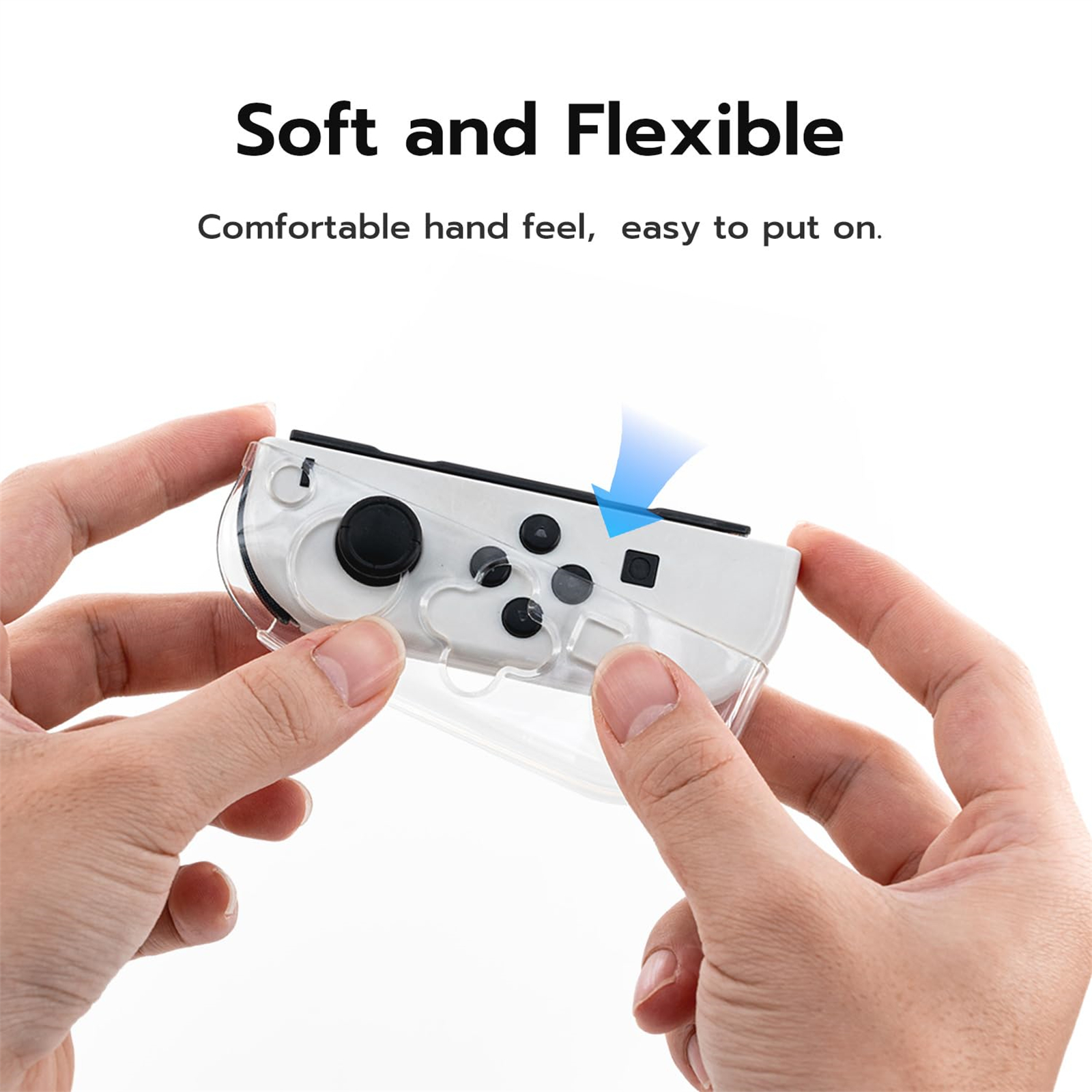 Hände halten einen weißen Gamecontroller in einer transparenten Hülle. Text: 'Weich und flexibel'.