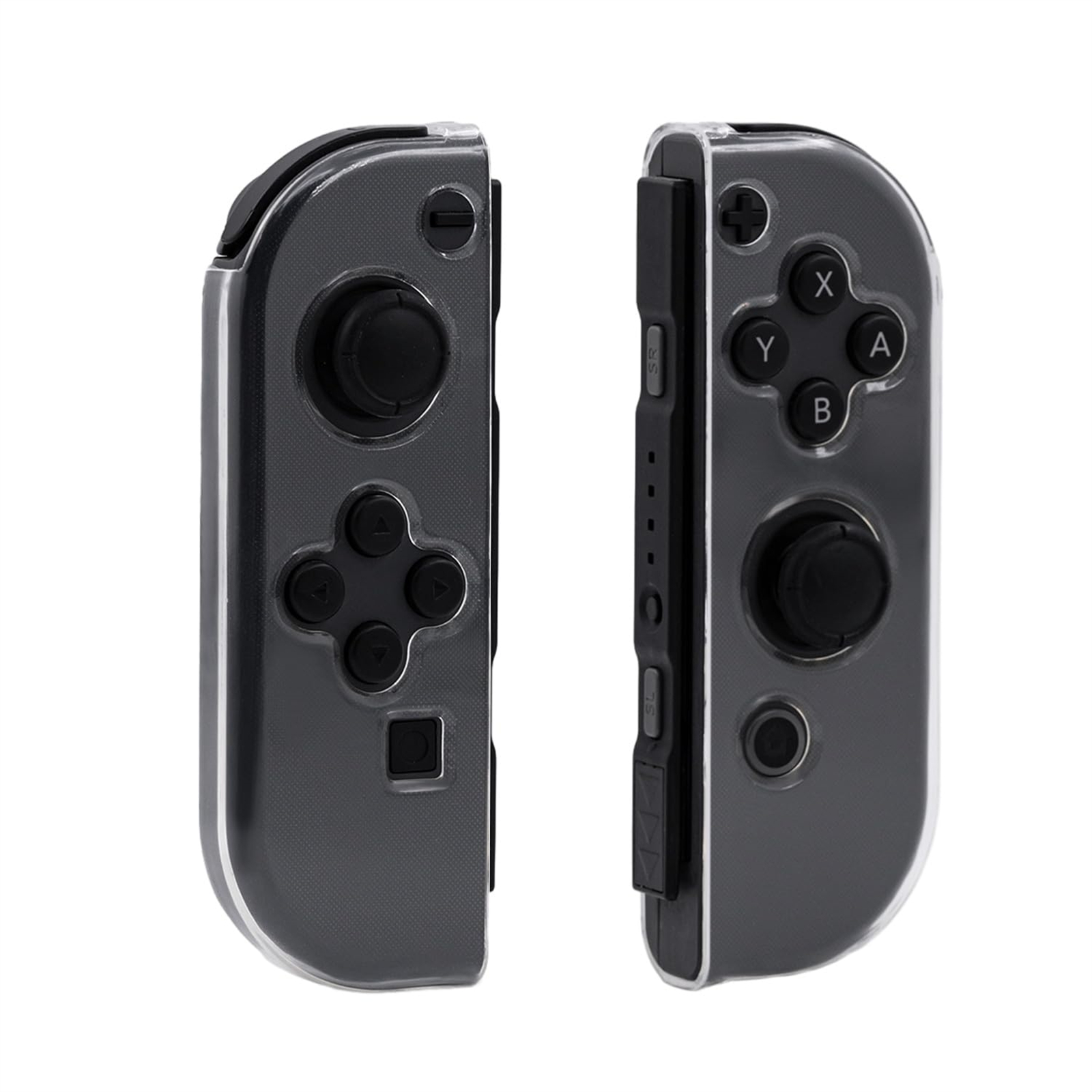 Zwei graue Nintendo Switch Joy-Cons nebeneinander. Jeder hat Knöpfe, Joysticks und eine transparente Schutzhülle.