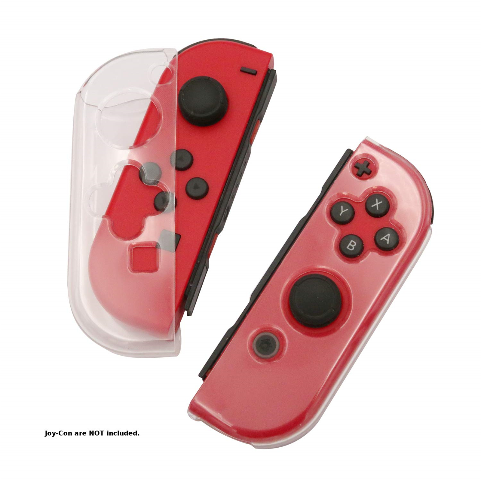 Rote Joy-Con-Controller mit transparenten Schutzhüllen. Tasten und Joysticks sind sichtbar. Der Hintergrund ist weiß.