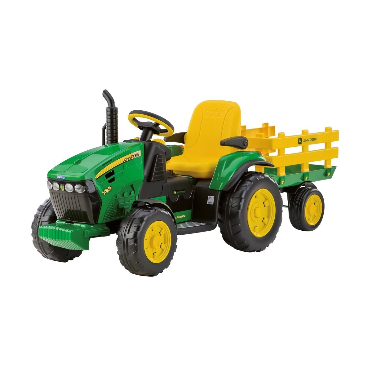 Un trattore giocattolo John Deere verde e giallo con un rimorchio. Ha sedile e ruote gialle, pneumatici neri e volante.