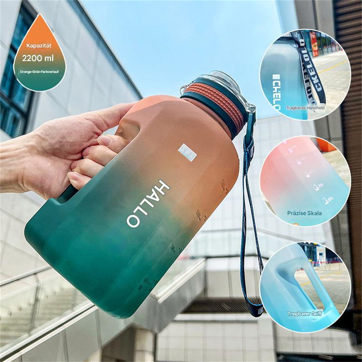 Eine Person hält eine große, farbverlaufende Wasserflasche. Sie hat einen Griff und einen Riemen. Text sagt 'HALLO' und '2200 ml'.