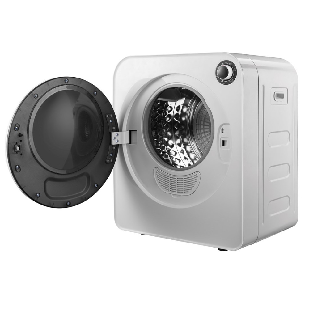 Biała suszarka z otwartymi drzwiami. Drzwi są czarne i otwarte, odsłaniając bęben. Na górze znajduje się pokrętło.